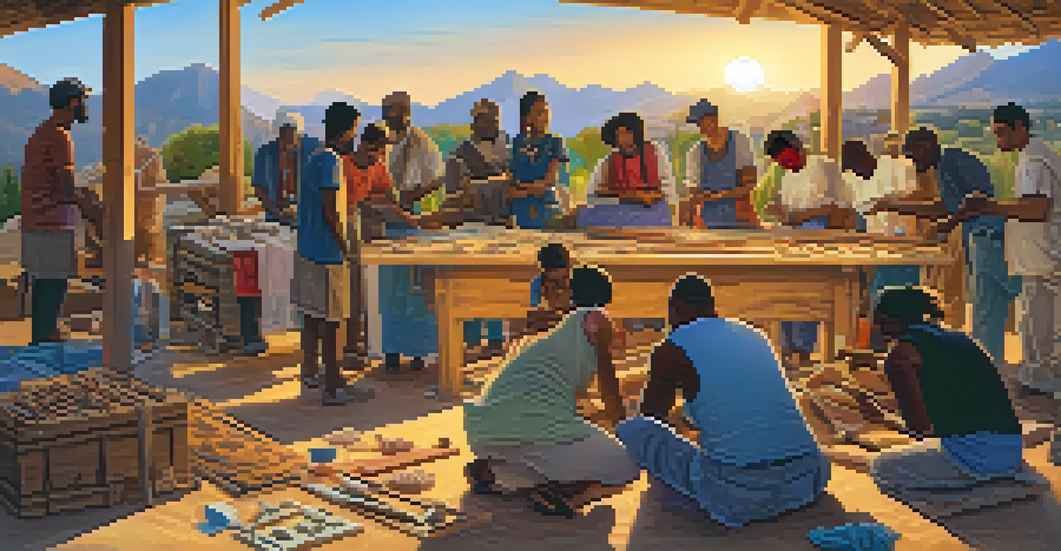 A group of diverse artists working together in an outdoor workshop, collaborating on a large carving project with a sunset backdrop.
