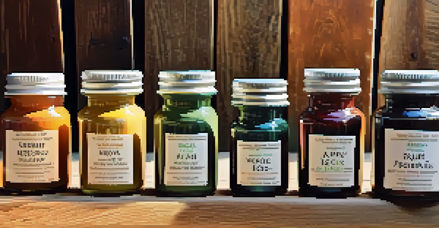 A selection of eco-friendly wood finishes in jars on a rustic table, illuminated by sunlight.