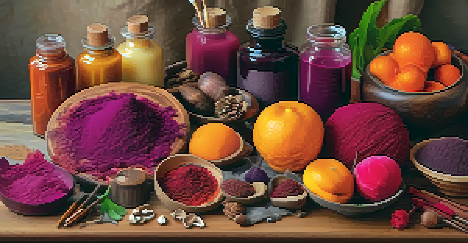 A collection of natural dyes in various colors made from plants and fruits, displayed on a wooden table in an art studio.