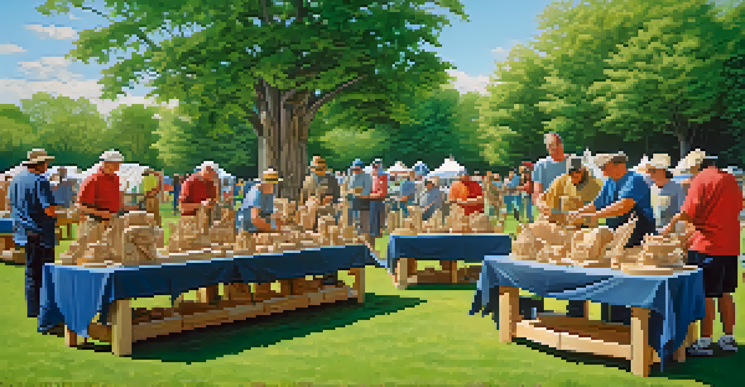 Carvers working outdoors in a park, showcasing their techniques and finished pieces with a blue sky above.