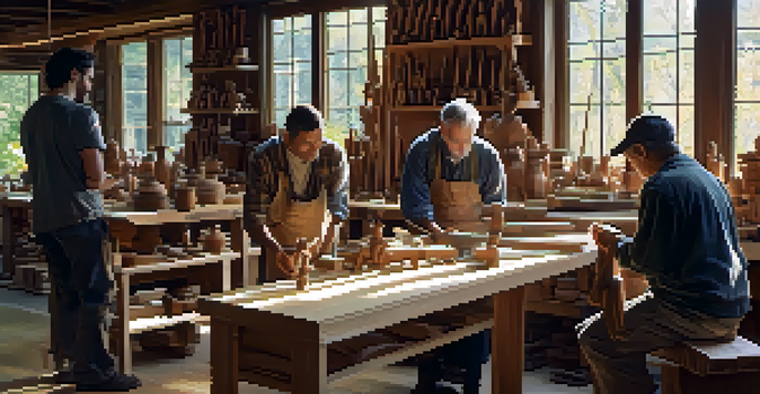 A diverse group of artisans working in a sunlit wood carving workshop, surrounded by intricately carved sculptures and tools, creating a calm and focused environment.