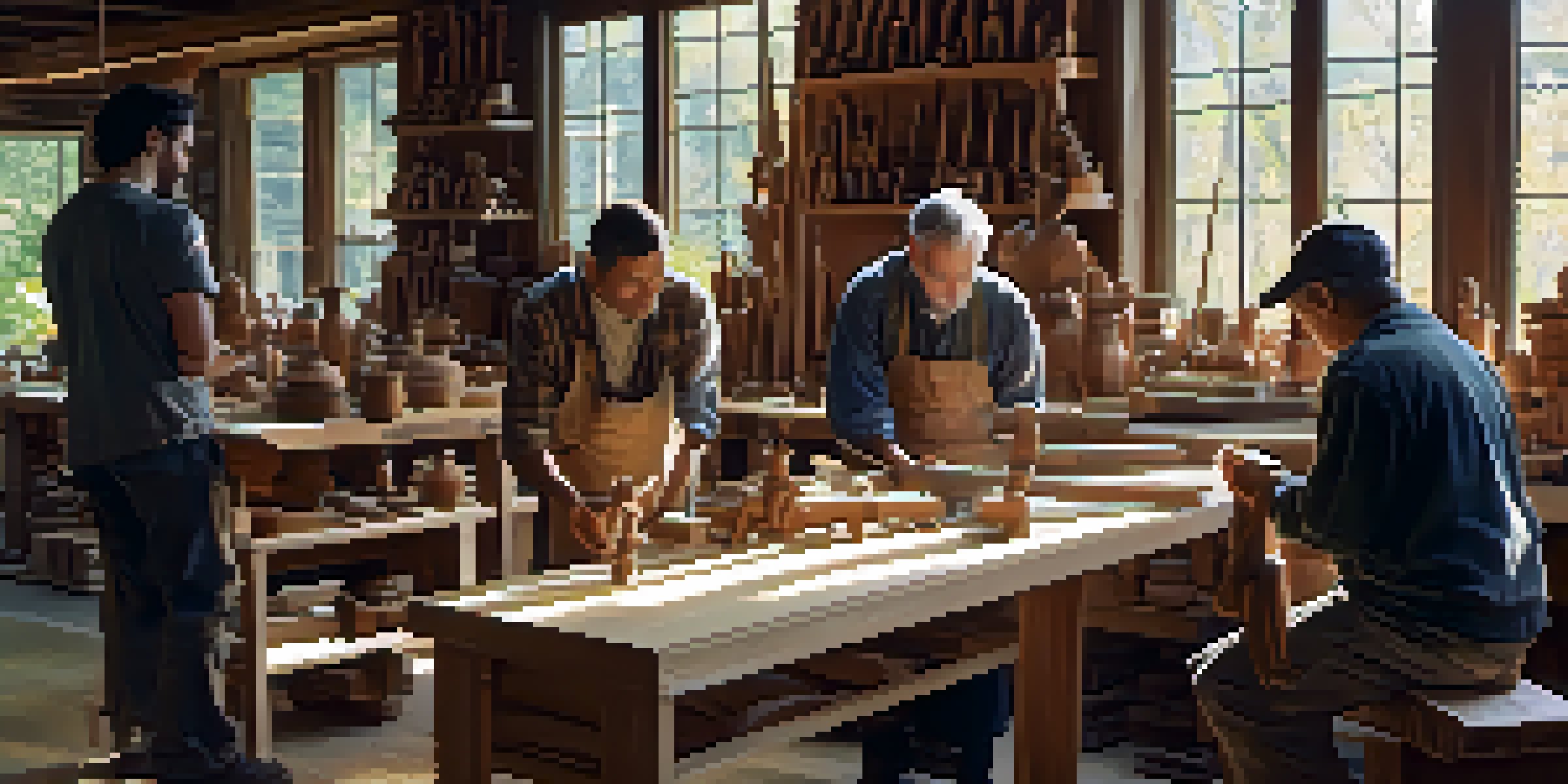 A diverse group of artisans working in a sunlit wood carving workshop, surrounded by intricately carved sculptures and tools, creating a calm and focused environment.