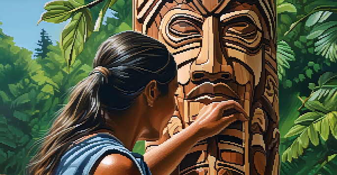 An indigenous artisan carving a wooden totem pole with intricate designs in a forest setting.