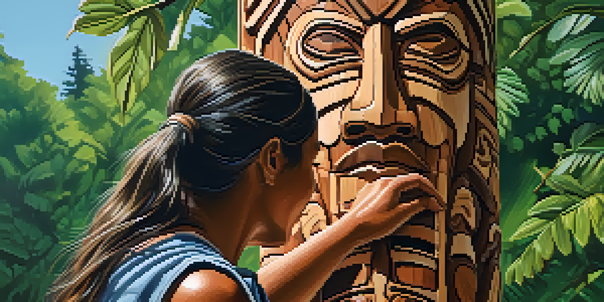 An indigenous artisan carving a wooden totem pole with intricate designs in a forest setting.