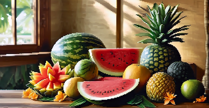 A vibrant display of fruit carvings, showcasing a watermelon carved into a lotus flower surrounded by tropical fruits.