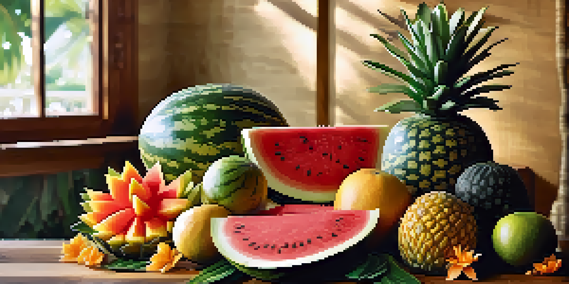 A vibrant display of fruit carvings, showcasing a watermelon carved into a lotus flower surrounded by tropical fruits.