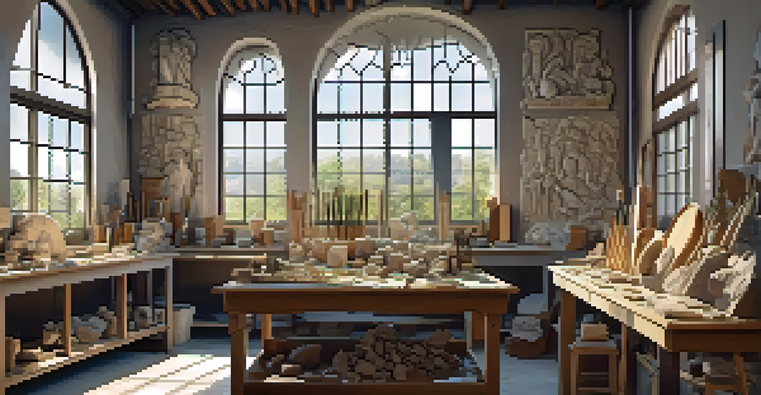 An art studio showcasing stone carving tools, unfinished sculptures, and sketches, illuminated by bright daylight from a large window.