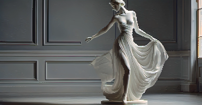 A white marble sculpture of a dancer, intricately carved, on a wooden pedestal in a softly lit gallery.