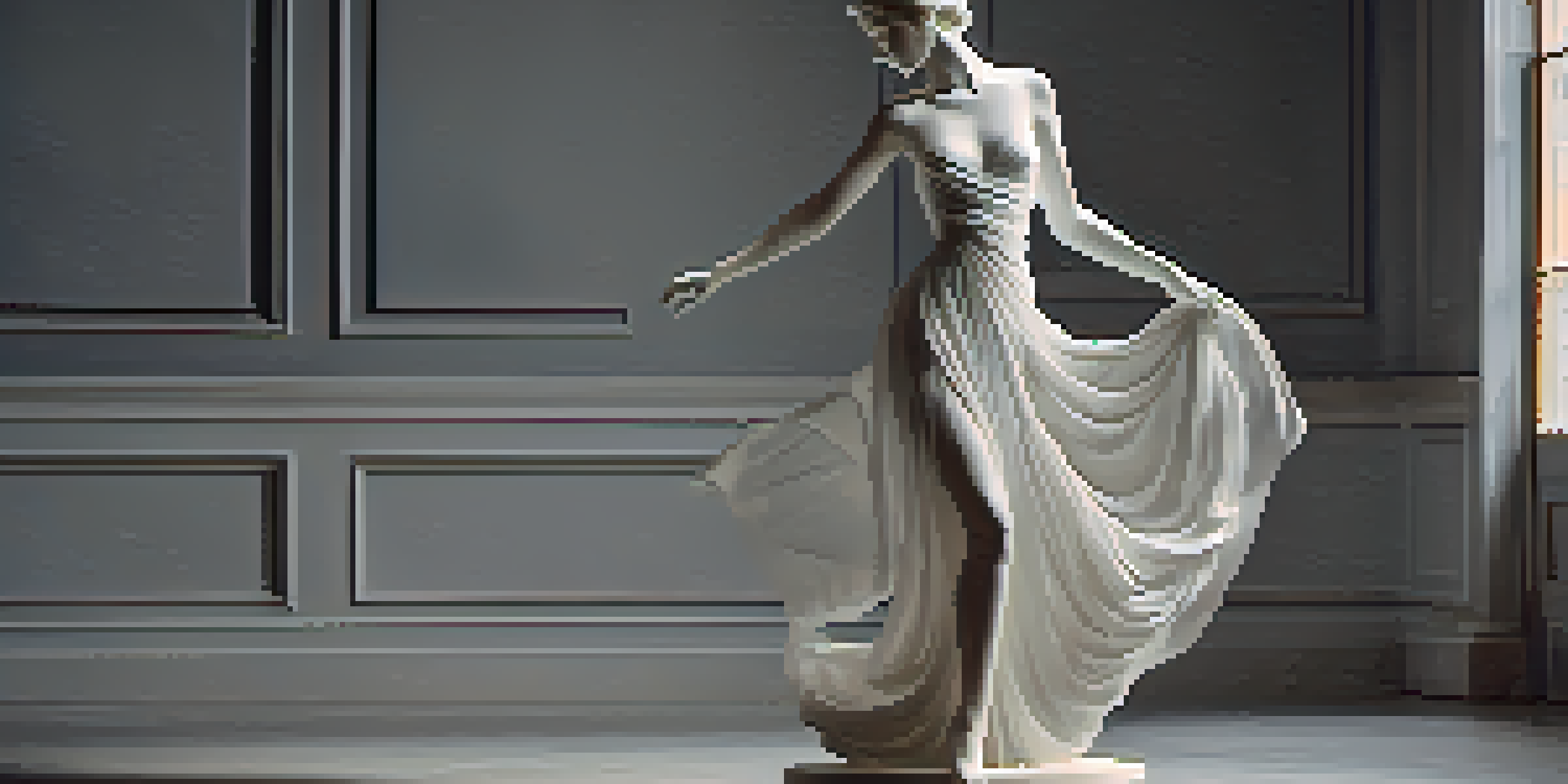 A white marble sculpture of a dancer, intricately carved, on a wooden pedestal in a softly lit gallery.