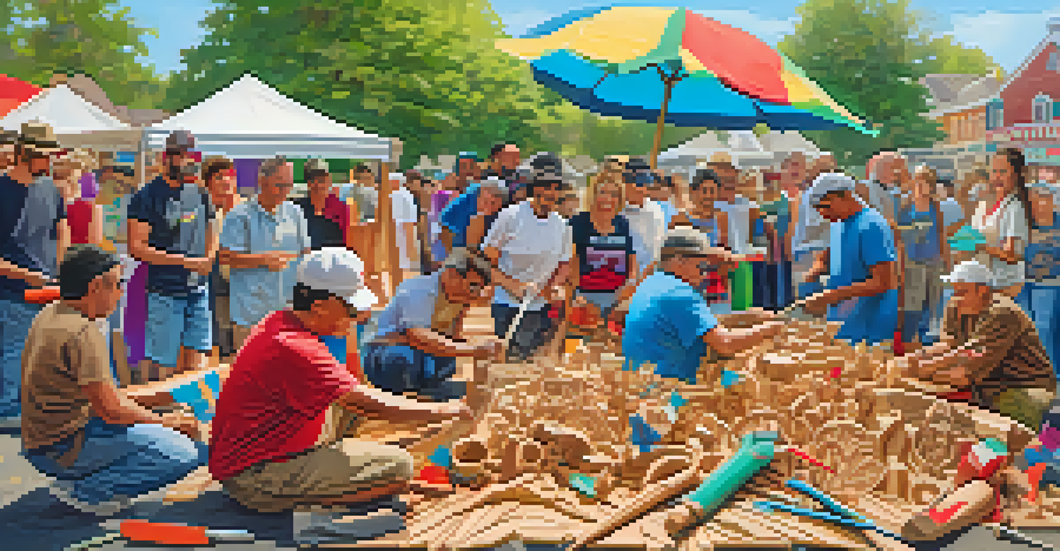 Community members working together on a large wooden sculpture during a lively festival.
