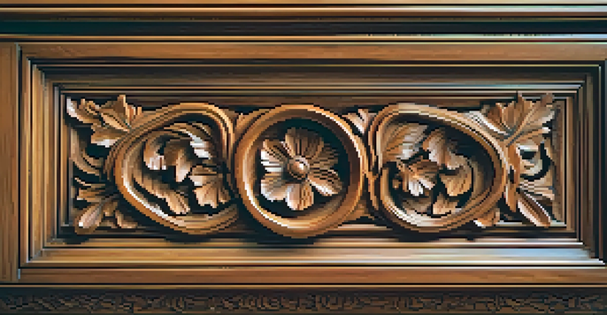 A close-up image of a carved wooden cabinet door with floral designs, illuminated by soft natural light.