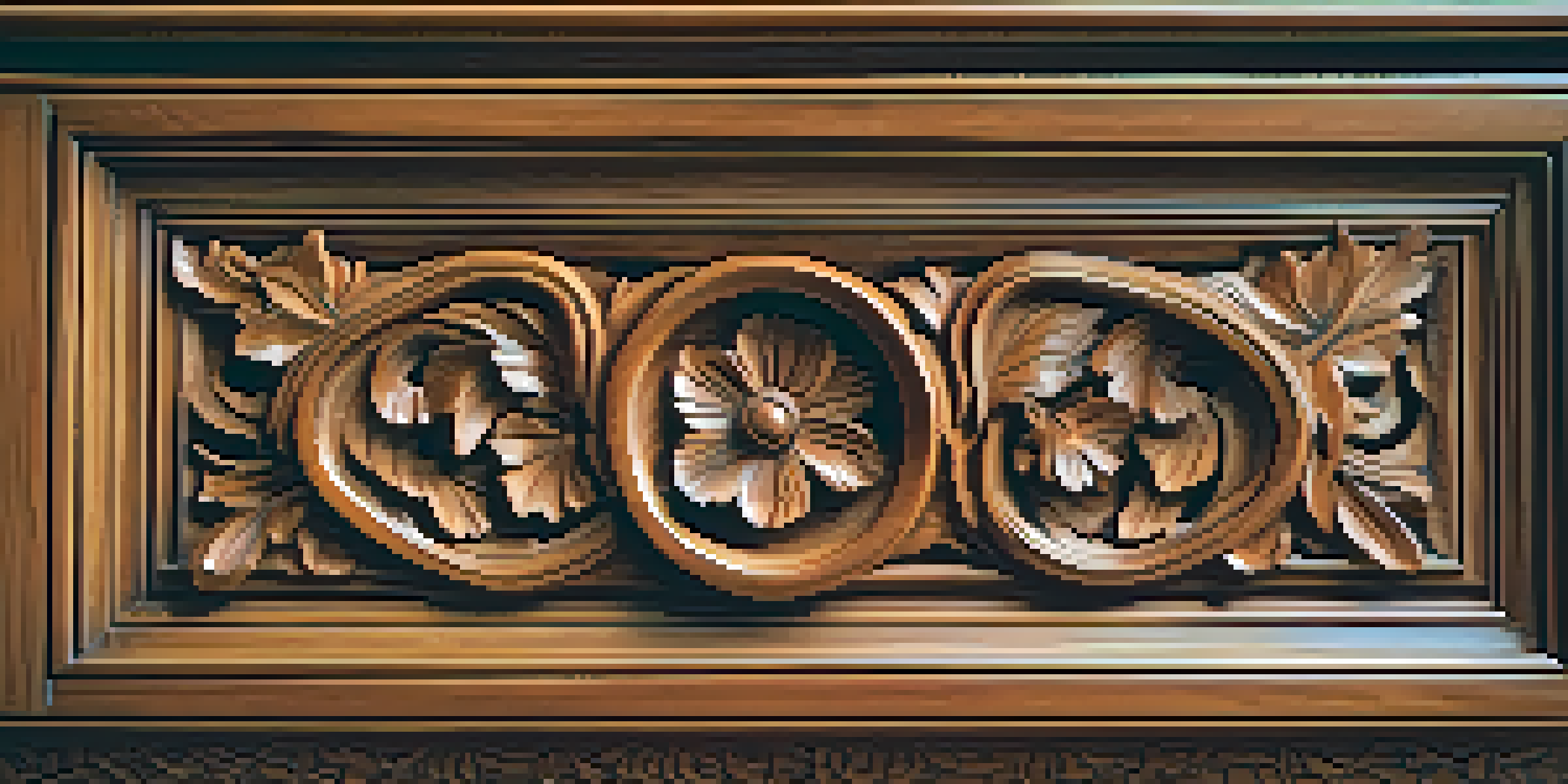 A close-up image of a carved wooden cabinet door with floral designs, illuminated by soft natural light.