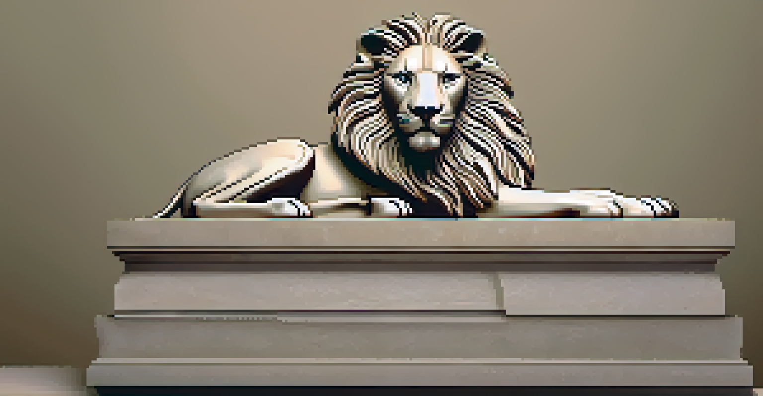 Close-up of a stone sculpture of a lion, highlighting detailed fur and mane textures.