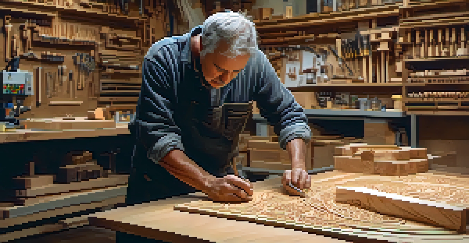 An artisan operating a CNC machine to carve patterns into cherry wood, surrounded by tools and wood shavings in a bright workshop.