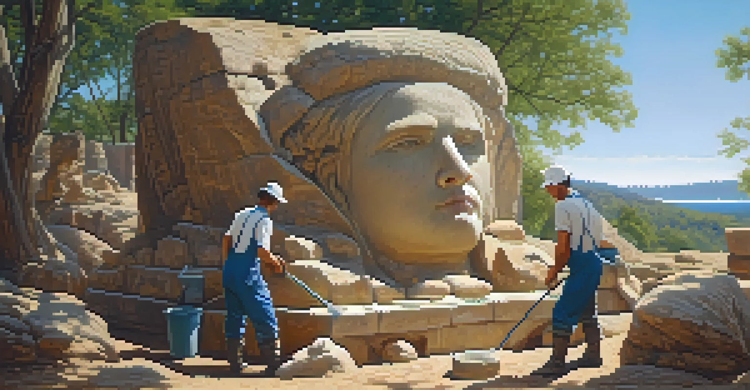 Preservationists cleaning a large stone carving at an archaeological site, surrounded by trees and under a blue sky.