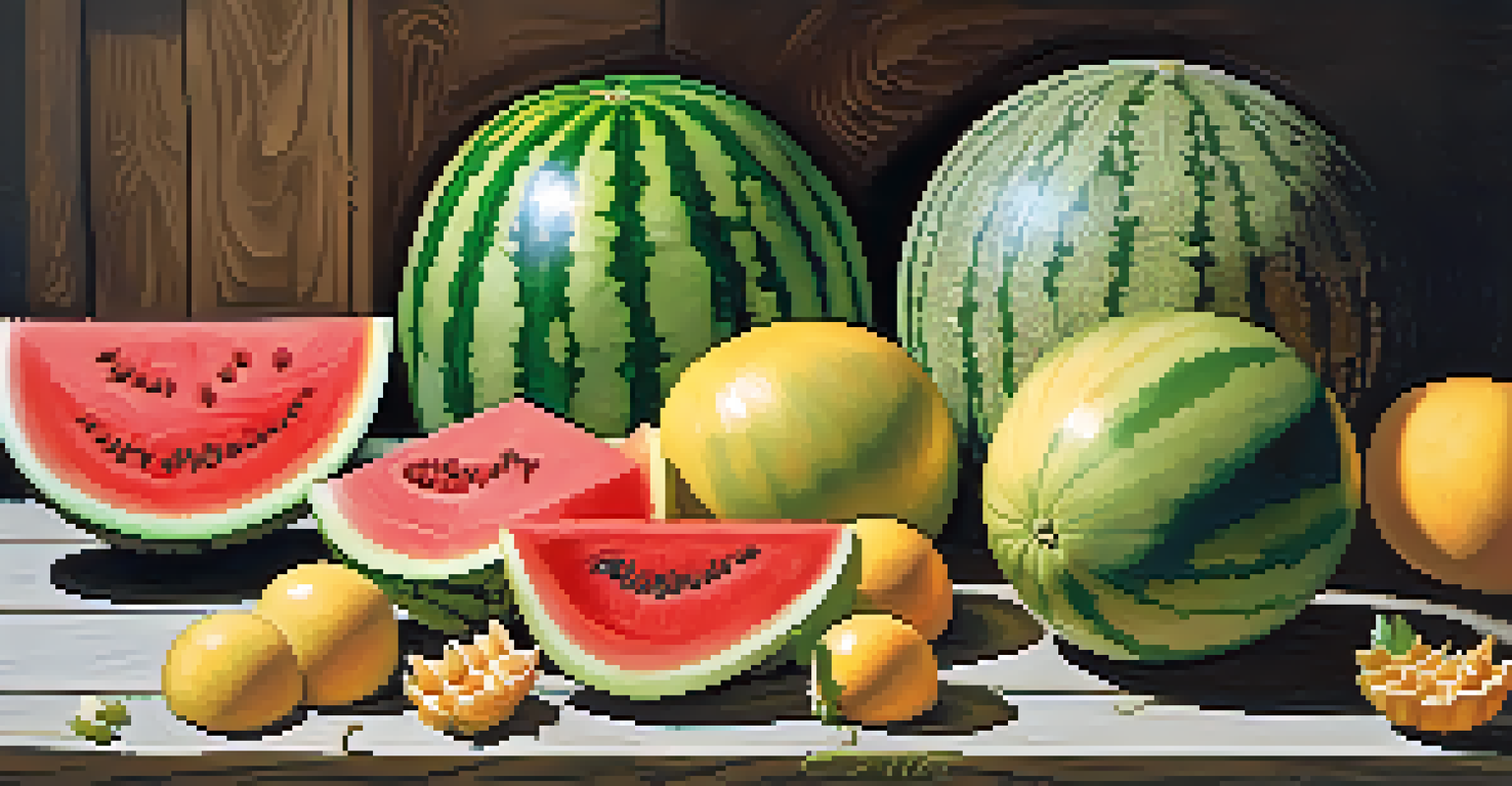 An assortment of carved melons displayed on a wooden table, showcasing intricate designs and vibrant colors.