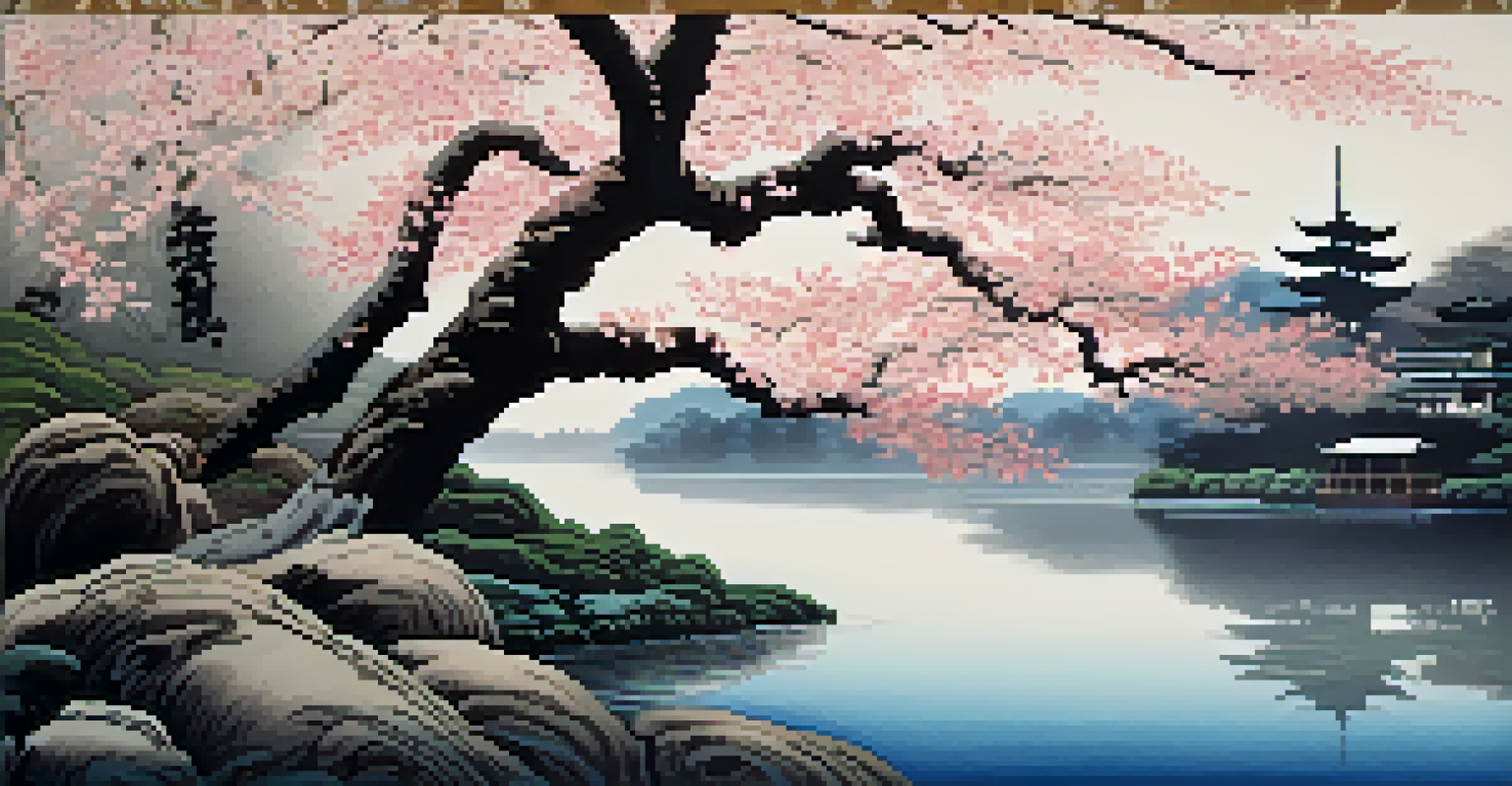 A close-up of a detailed Japanese woodblock print featuring cherry blossoms and a pond.