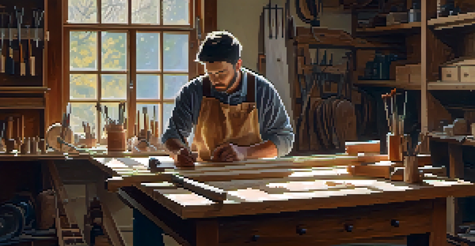 A focused craftsman working on a wooden carving in a sunlit workshop, surrounded by tools and wood shavings.
