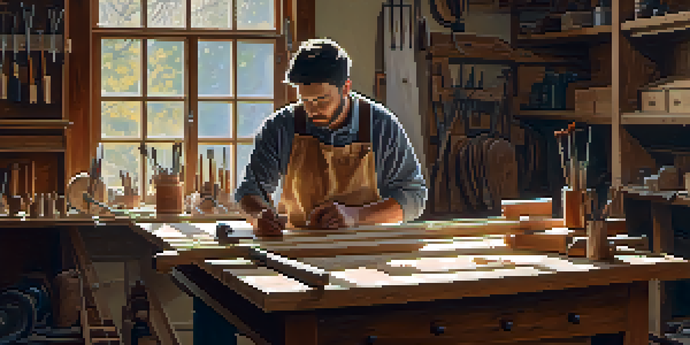 A focused craftsman working on a wooden carving in a sunlit workshop, surrounded by tools and wood shavings.