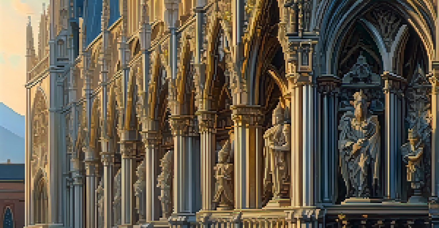 A Gothic cathedral facade featuring detailed stone carvings of gargoyles and figures, illuminated by the warm glow of the golden hour light.