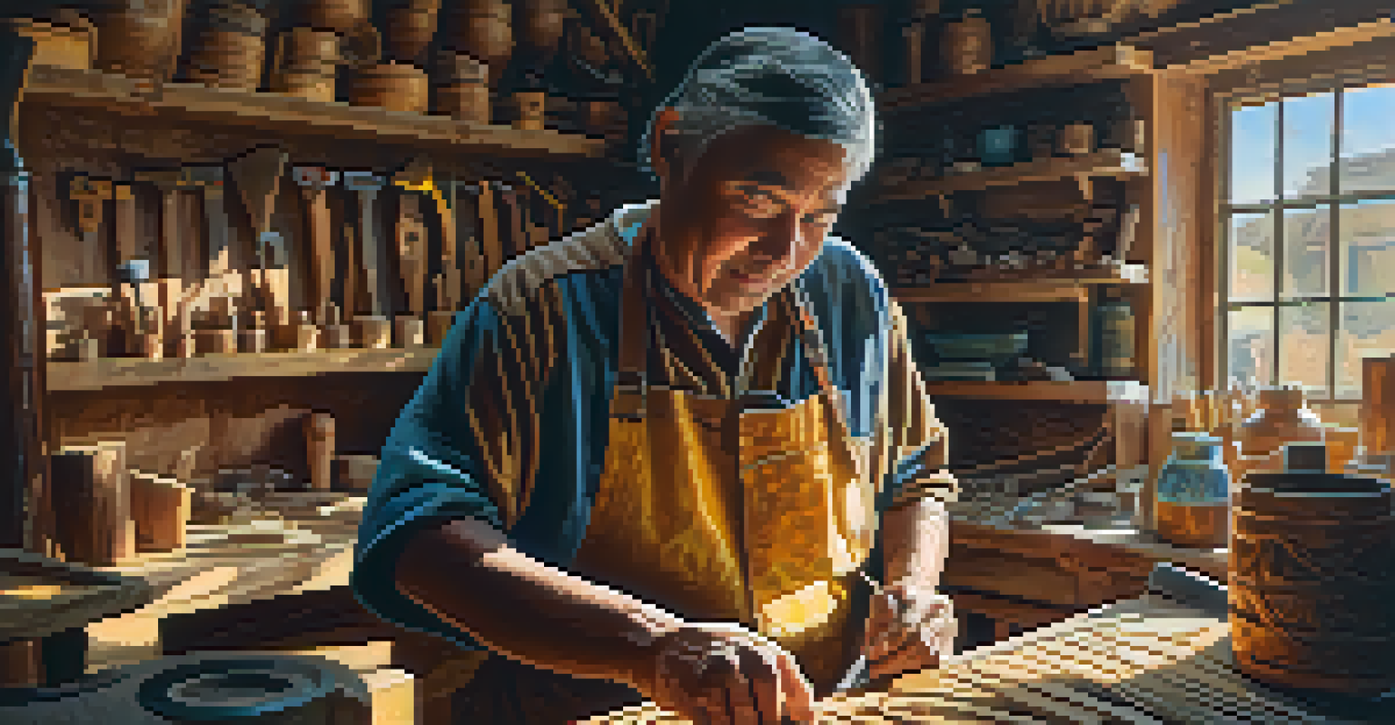 An artisan carving wood in a colorful workshop with sunlight streaming through the window.