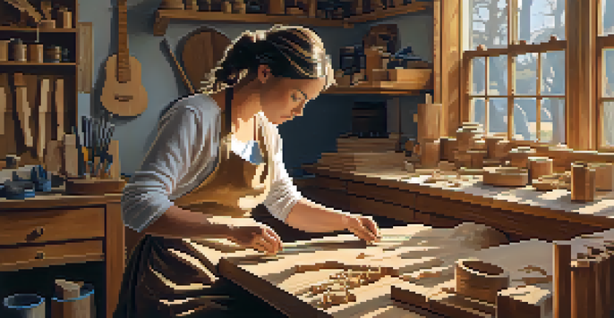 A woman artist carving a wooden sculpture in a warmly lit workshop, surrounded by tools and wood shavings.