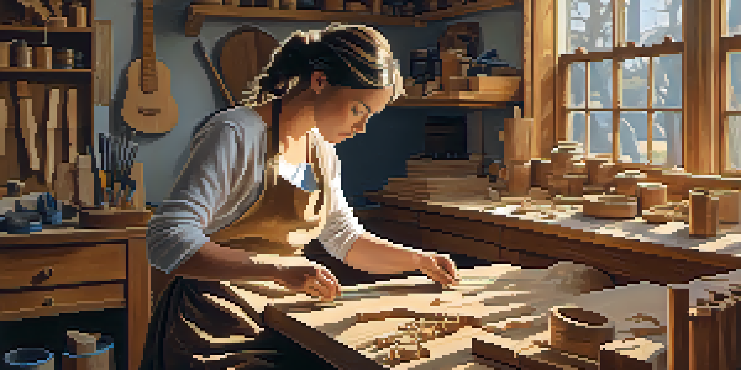 A woman artist carving a wooden sculpture in a warmly lit workshop, surrounded by tools and wood shavings.