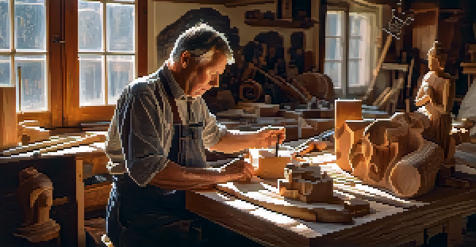 An artisan working on a wooden sculpture in a bright workshop, with tools and wood shavings around. The sunlight creates a warm atmosphere.