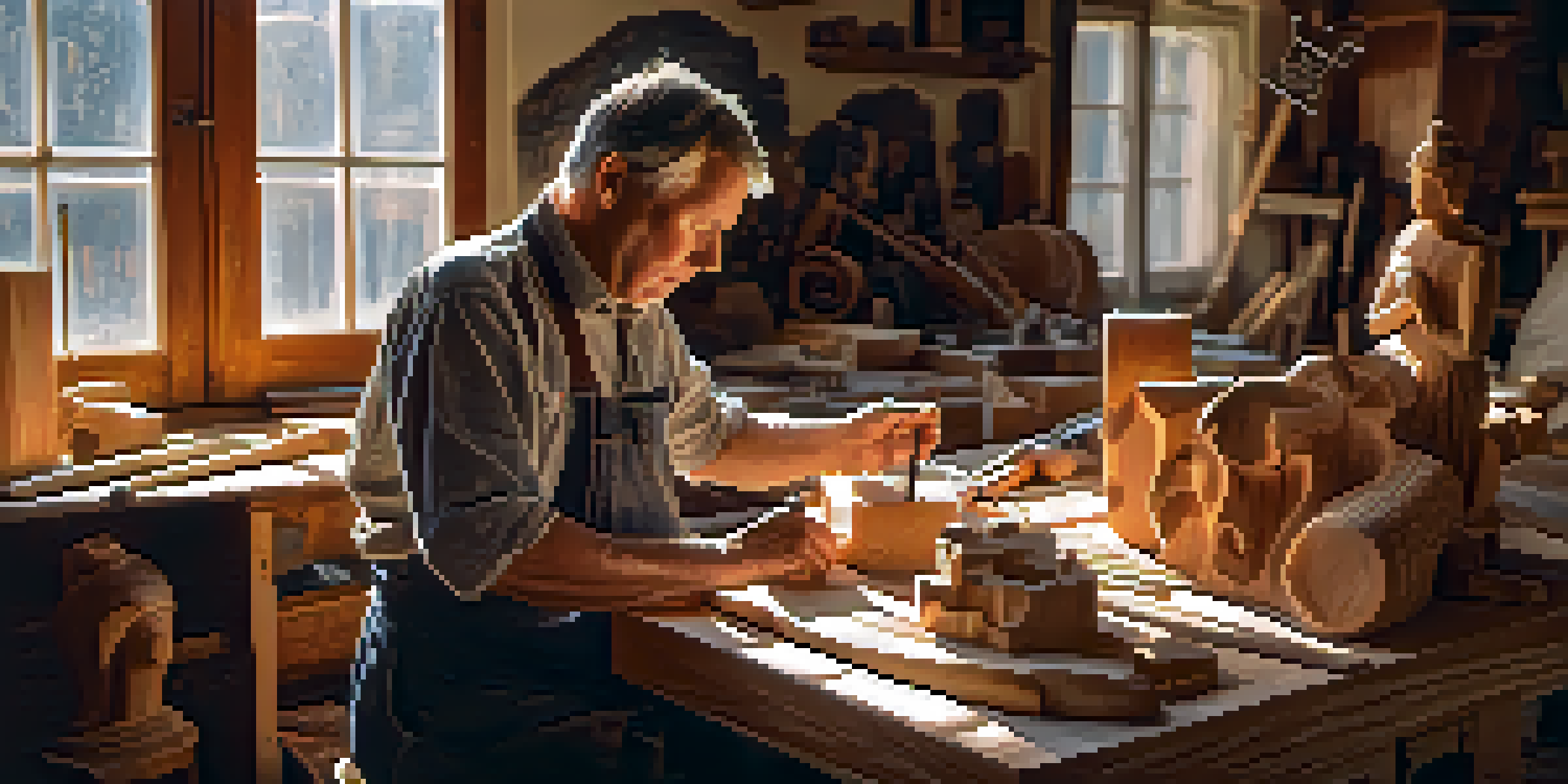 An artisan working on a wooden sculpture in a bright workshop, with tools and wood shavings around. The sunlight creates a warm atmosphere.