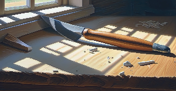 Close-up of a sharp carving chisel on a wooden workbench with wood shavings and sunlight illuminating the scene.