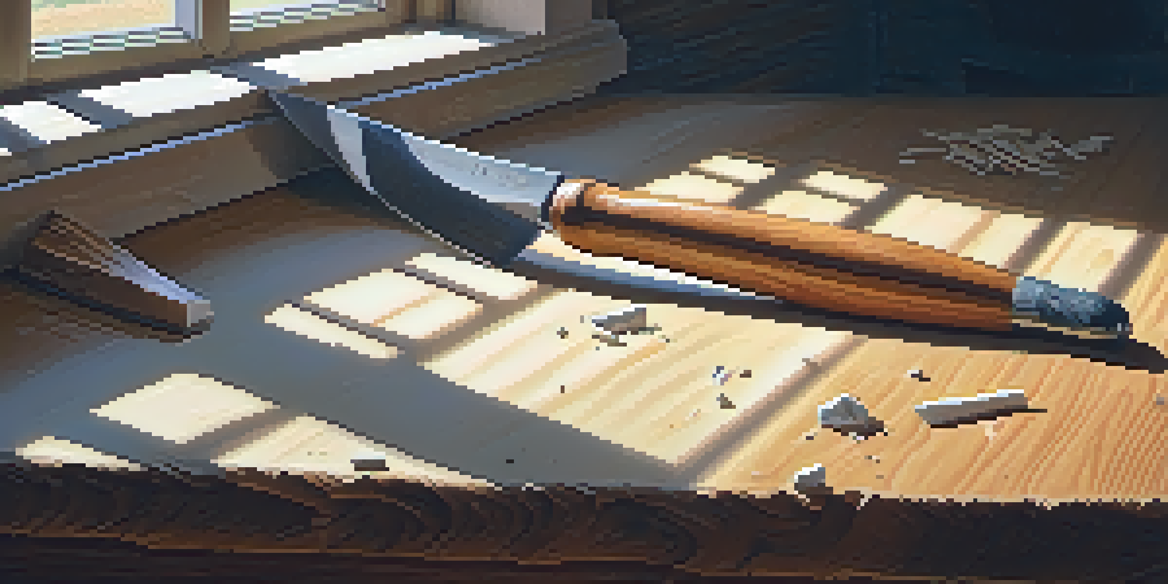 Close-up of a sharp carving chisel on a wooden workbench with wood shavings and sunlight illuminating the scene.