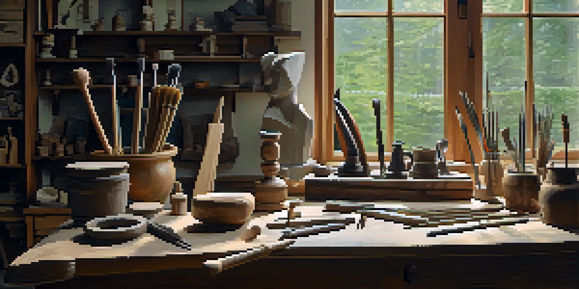 A sculptor's workspace with tools and a marble sculpture, illuminated by natural light.