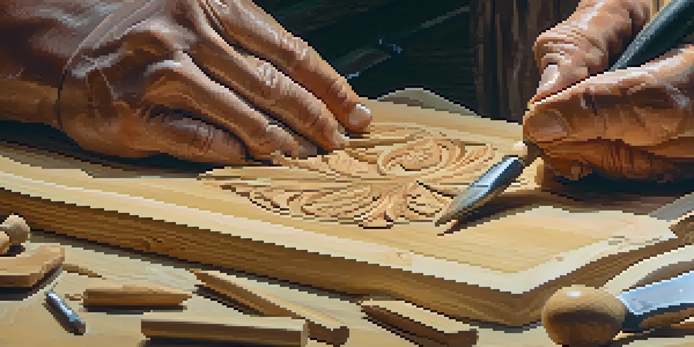 A craftsman carving a detailed wooden sculpture, focusing on their hands and tools in a warmly-lit workshop.