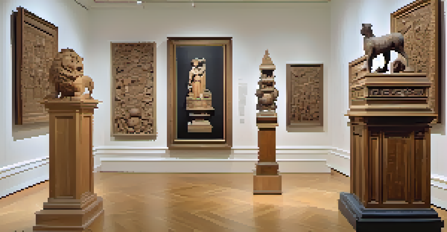 An art exhibition displaying intricate carved wooden sculptures in a gallery, with visitors admiring the artworks.