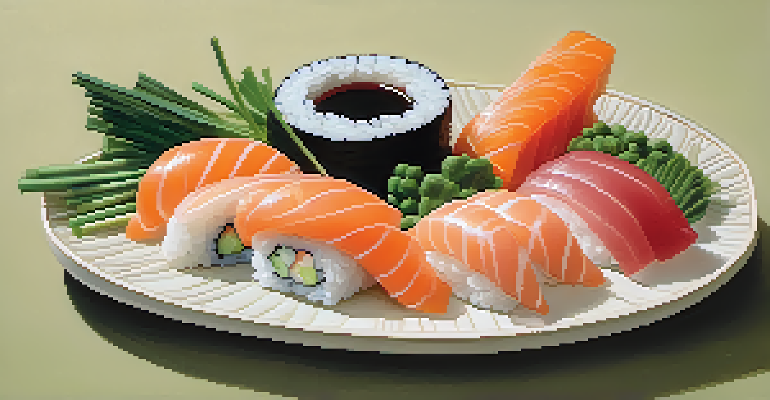 An artistic sushi platter featuring delicately carved vegetables and sushi, showcasing intricate designs and soft colors.