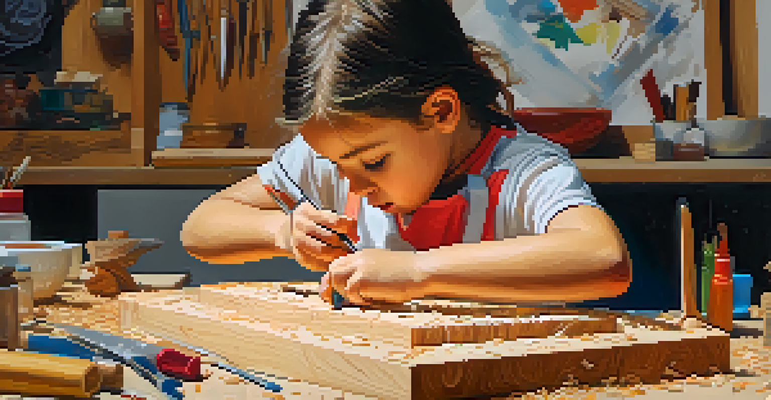 A young child intently carving a wooden block with a safety knife, demonstrating focus and creativity amidst scattered wood shavings.