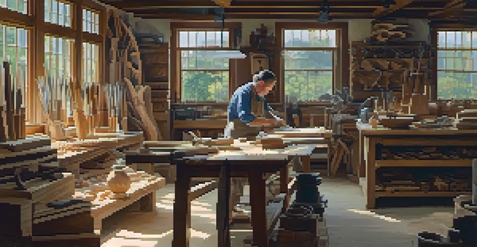 A wood carving workshop with tools on a table and an artisan working on a carving under soft natural light.