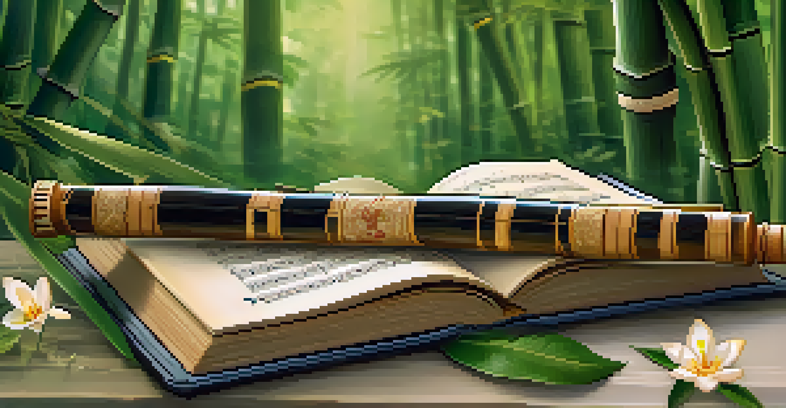 A bamboo flute resting on an open book in a green forest, surrounded by flowers and soft light.
