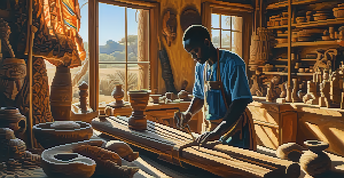 An African wood carver working in a workshop filled with wooden carvings, surrounded by colorful traditional fabrics and warm sunlight.