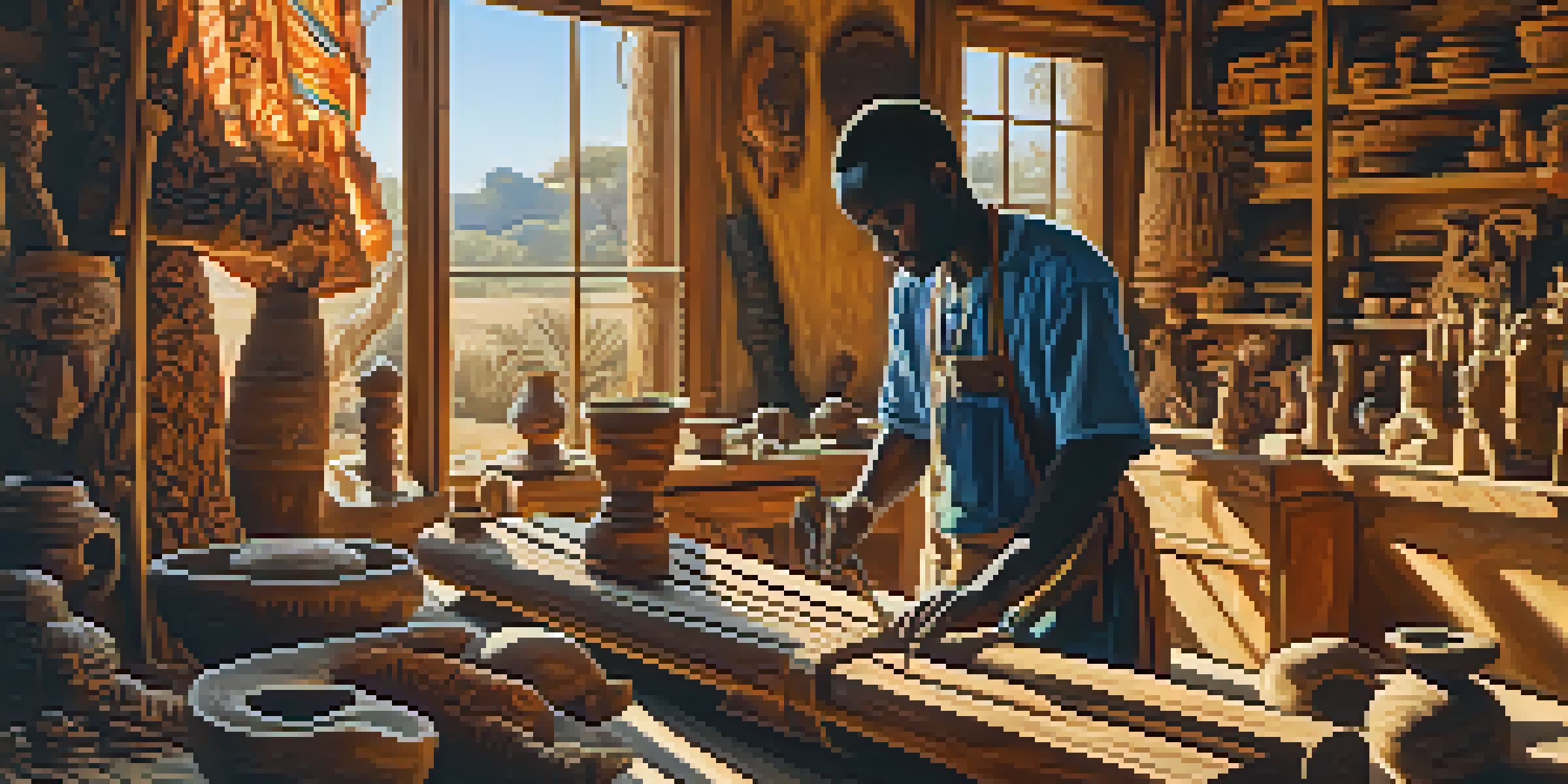 An African wood carver working in a workshop filled with wooden carvings, surrounded by colorful traditional fabrics and warm sunlight.