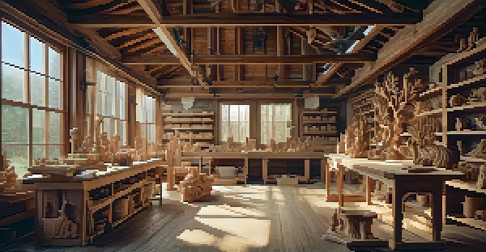 An artisan working in a wood carving workshop, focusing on a piece of reclaimed wood with tools around them.