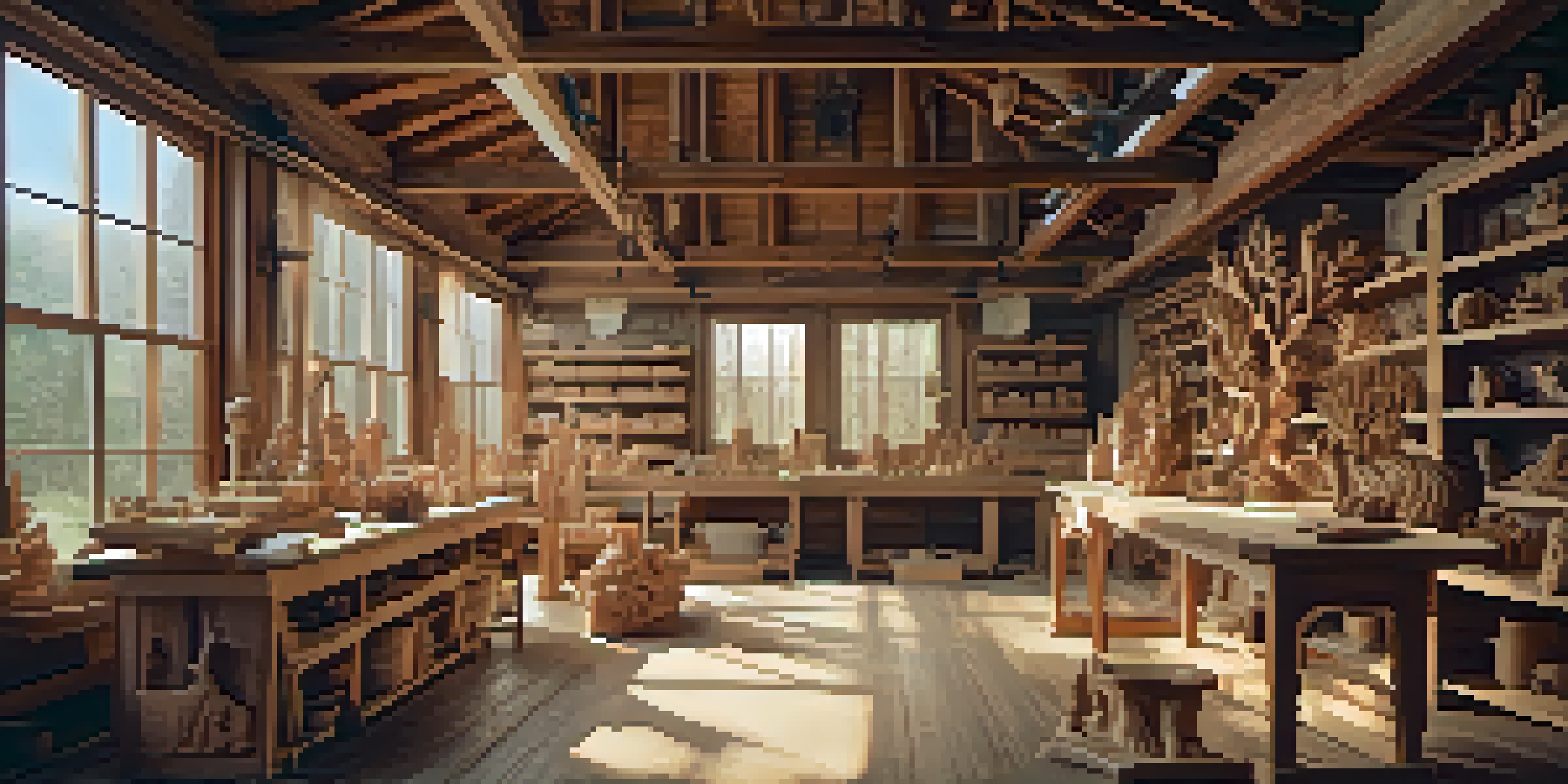 An artisan working in a wood carving workshop, focusing on a piece of reclaimed wood with tools around them.