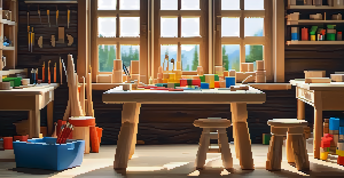 A bright and organized wood carving workspace for children, showcasing tools and materials in a safe setting.