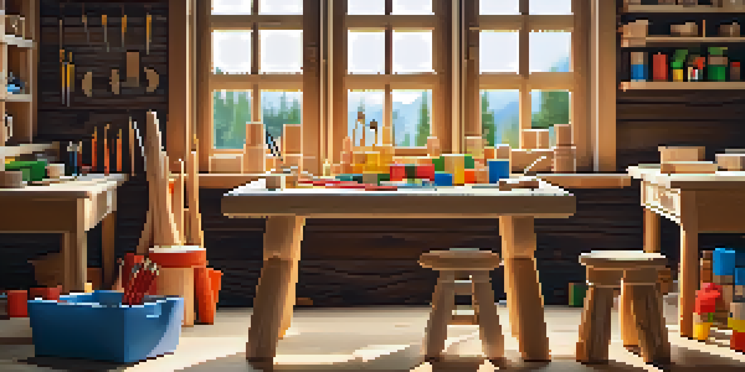 A bright and organized wood carving workspace for children, showcasing tools and materials in a safe setting.