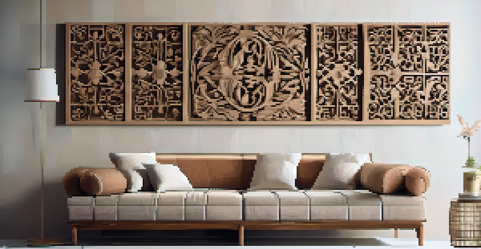 A detailed wooden wall art with floral patterns displayed above a modern sofa, with warm lighting enhancing its features.