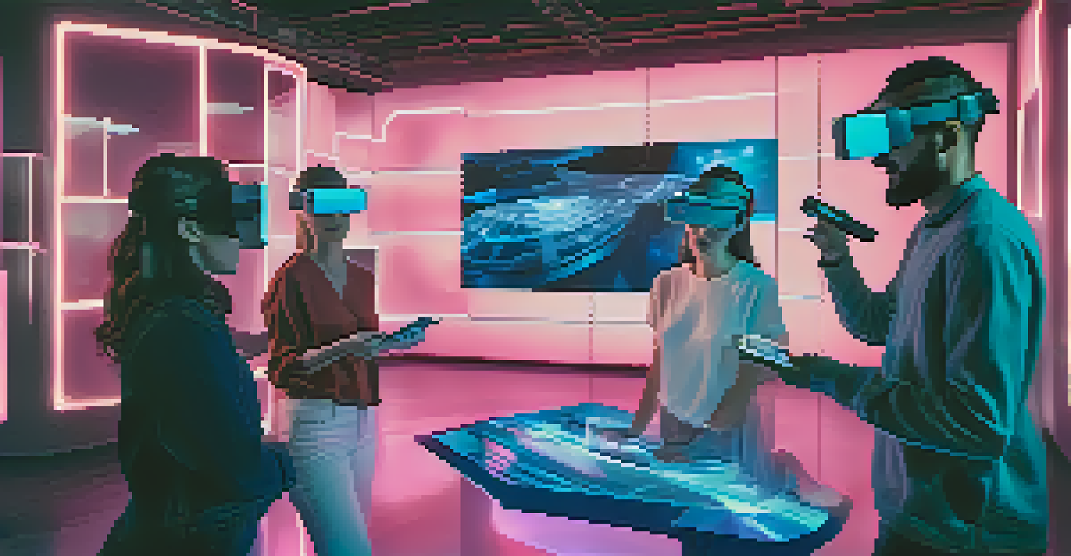 Artists using augmented reality glasses to collaborate on a digital sculpture in a modern studio, with colorful holographic designs around them.