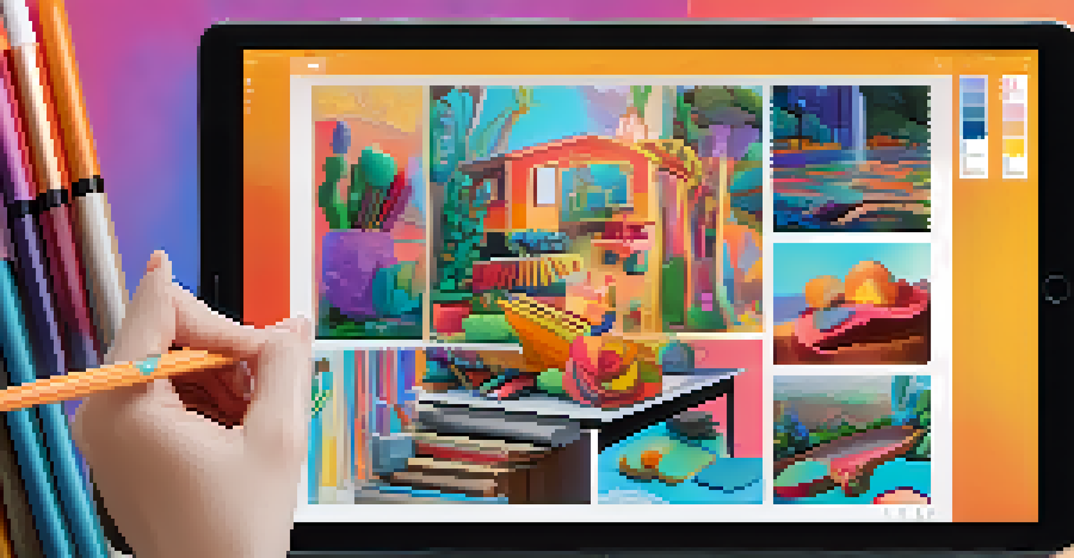 A digital artwork on a tablet, showcasing colorful design layers being sculpted, surrounded by an artist's workspace filled with sketches and color palettes in warm light.