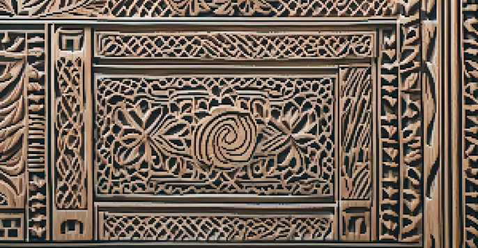 A detailed view of a carved wooden block used for printing fabrics, displaying intricate patterns.