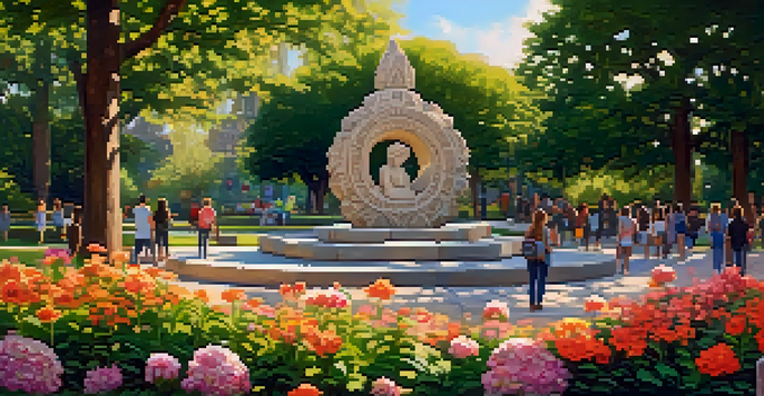 A large carved stone sculpture in a public park, surrounded by colorful flowers and greenery, with people enjoying the space.