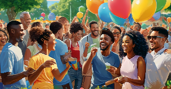 A lively outdoor scene with diverse individuals engaging in various creative activities, surrounded by colorful decorations and a sunny atmosphere.